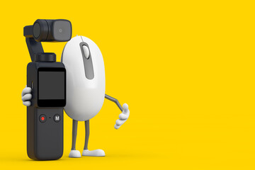 Leinwandbilder - Computer Mouse Cartoon Person Character Mascot with Pocket Gimbal Action Camera. 3d Rendering
