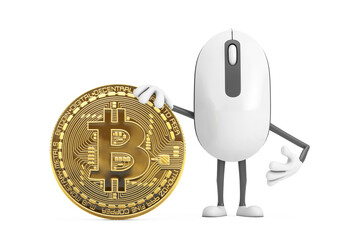 Poster - Computer Mouse Cartoon Person Character Mascot with Cryptocurrency Golden Bitcoin Coin . 3d Rendering