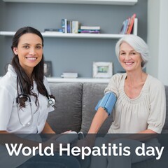 Poster - Composition of world hepatitis day text over caucasian female doctor with female patient