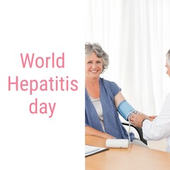 Poster - Composition of world hepatitis day text over caucasian male doctor with female patient