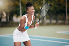 Winner, Celebrate And Black Woman Excited, Tennis And Victory With Fitness, Happiness And Sports. Female Person, Happy Player Or Athlete On The Court, Game And Exercise With Workout Goal And Cheering