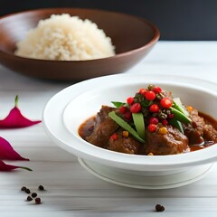 Wall Mural - Rendang is an Indonesian West Sumatra Minangkabau spicy meat (commonly beef) that slow cooked in coconut milk and mixed spices, served during festive events like wedding, Eid Al Fitr, ai generated.