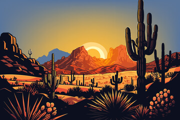 Western desert vector sunset background. Cactus and sand hot, dry nature landscape.