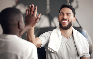 Wall Mural - Fitness, people with high five and at gym for exercise or training happy for support. Teamwork or collaboration, partnership or workout and men athletes with handshake for motivation or success