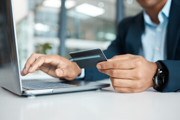 Poster - Credit card, business man hands and laptop with online banking, payment and ecommerce store. Office, male professional and corporate worker with web shopping on an internet retail shop at work