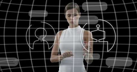 Poster - animation of ai data processing over caucasian businesswoman using tablet