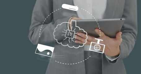 Poster - Animation of ai data processing over caucasian businesswoman using tablet