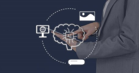 Poster - Animation of ai data processing over caucasian businesswoman using tablet