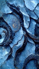 Poster - Fossilized ammonite sea shell spirals embedded into dark cobalt blue slate rock. Prehistoric layered and ridged stone texture with detailed surface patterns - generative ai