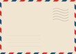 © Elena Pimukova - Airmail envelope frame with postage stamps. Vintage air mail postcard back template with diagonal blue and red stripes. Travel post card backside. Vector illustration isolated on paper background.