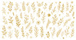 Gold branch leaf element set. Hand drawn sketch doodle golden leaves floral element for wedding background, elegant design. Vector illustration.