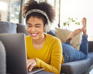 Sticker - Laptop, headphones and woman relax on sofa for e learning, online education and audio translation or website service. Happy student or african person on couch, audio technology and computer for home