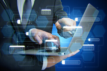 Poster - Software system technologies and research concept with digital node buttons on blurry background. Close up of businessmen hands using laptop with mesh together. Teamwork. Double exposure.