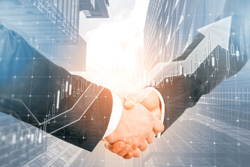 Poster - Side view of businessmen shaking hands on bright city backdrop with forex chart. Partnership, success and stock market concept. Double exposure.