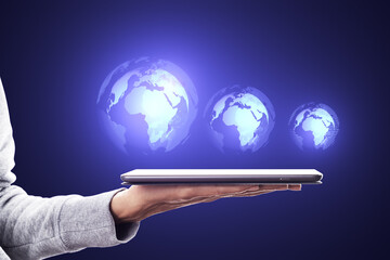 Aufkleber - Close up of female hand using cellphone with glowing digital globe hologram on dark background. Digital world, global hacking protection and hud concept.