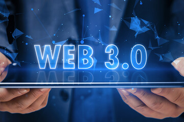 Poster - Virtual communication, blockchain and new internet generation concept with glowing blue web 3.0 sign above digital tablet screen in man hands