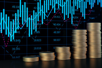 Poster - Stacked golden coins with growing blue forex chart on dark backdrop. Stock market and trade concept. 3D Rendering.