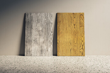 Poster - Blank wooden panels leaning on concrete wall. Design and mock up template. 3D Rendering.