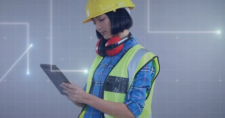 Poster - Animation of data processing over asian engineer woman using tablet