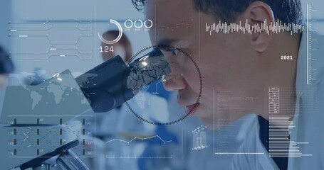 Poster - Animation of data processing over biracial male scientist using microscope