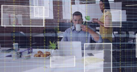 Poster - Animation of data processing over diverse business people in office