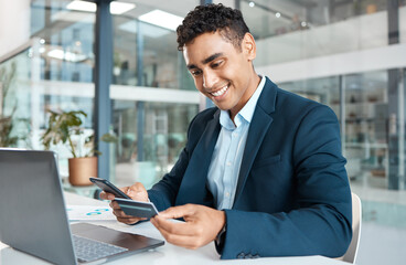 Poster - Credit card, business man phone and laptop with online banking, payment and ecommerce store. Office, male professional and smile of a corporate worker with web shopping on an internet shop at work
