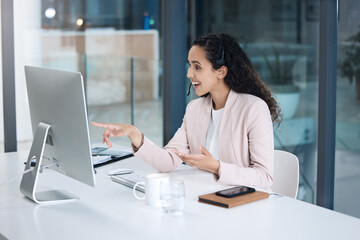 Poster - Call center, video call and woman in customer support on computer with headset for consulting. Telemarketing, communication and female worker point to pc screen for crm service, help desk and contact