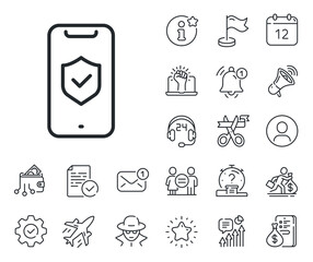 Poster - Cyber defence sign. Salaryman, gender equality and alert bell outline icons. Phone protection line icon. Security shield symbol. Phone protection line sign. Spy or profile placeholder icon. Vector