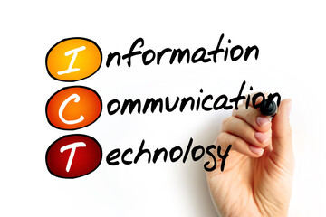 Aufkleber - ICT - Information and Communication Technology acronym, business concept background