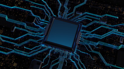 Poster - computer chip processor on motherboard glows blue. artificial intelligence graphics chip, mining, di