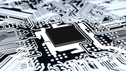 Poster - computer chip processor on the motherboard, textolite, black and white. 3d render