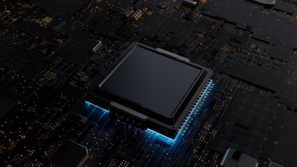 Poster - computer chip processor on motherboard glows blue. artificial intelligence graphics chip, mining, di