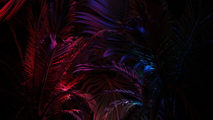 Neon glowing palm leaves, tropical dark background. Blue purple color. Glowing linear volumetric neon tree. 3d render