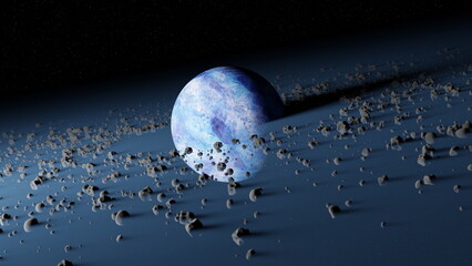 Wall Mural - planet pandora surrounded asteroid belt, rings wreckage of destroyed planet. blue protoplanet in bla