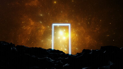 Poster - Glowing doorway portal in space on a stone planet. A door to other worlds. 3d render