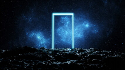 Poster - Glowing doorway portal in space on a stone planet. A door to other worlds. 3d render