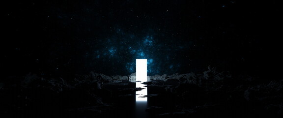 Poster - Glowing space portal is reflected in water. Door to other worlds and galaxies among stones. Journey into future to the stars and nebulae. 3d render