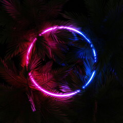 Poster - Neon glowing circle ring in palm leaves, tropical dark background. Blue purple yellow green color. Glowing linear volumetric neon round circle. 3d render