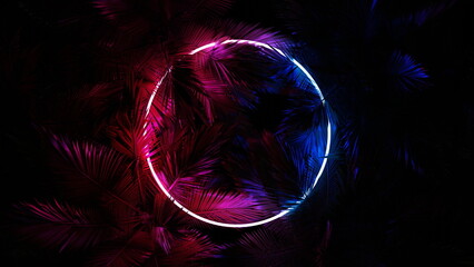 Poster - Neon glowing circle ring in palm leaves, tropical dark background. Blue purple yellow green color. Glowing linear volumetric neon round circle. 3d render