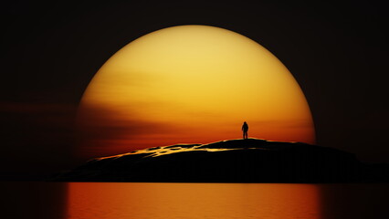 Wall Mural - lonely astronaut looks at sunset on deserted planet. contrasting martian landscape. cosmonaut on bac