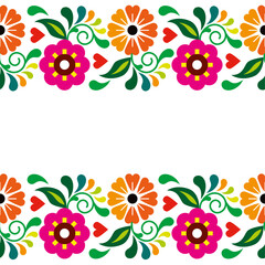 Poster - Mexican folk art style vector floral design, retro colorful greeting card and seamless pattern inspired by traditional embroidery from Mexico
 
