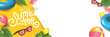 Summer poster banner design with beach accessories on the yellow background and copy space
