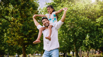 Indian father, daughter and shoulders in park with smile, airplane game or piggyback in nature on holiday. Man, girl and playing together in garden, woods or summer sunshine for happy family vacation