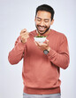 Man is eating salad, healthy food and lose weight with nutrition, detox and vegetables isolated on studio background. Health, wellness and vitamins with hungry male person, eat meal and diet