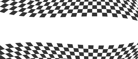 Wall Mural - Waving race flag or chessboard background. Warped black and white squares pattern. Motocross, rally, sport car competition wallpaper with space for text. Checkered winding texture