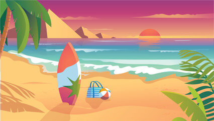 Wall Mural - Concept Beach. A flat, cartoon-style design of a beach background, complete with palm trees, a sandy shore, and a clear blue sea. Vector illustration.