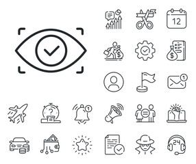 Poster - Eye access sign. Salaryman, gender equality and alert bell outline icons. Biometric security scan line icon. Private protection symbol. Biometric eye line sign. Spy or profile placeholder icon. Vector