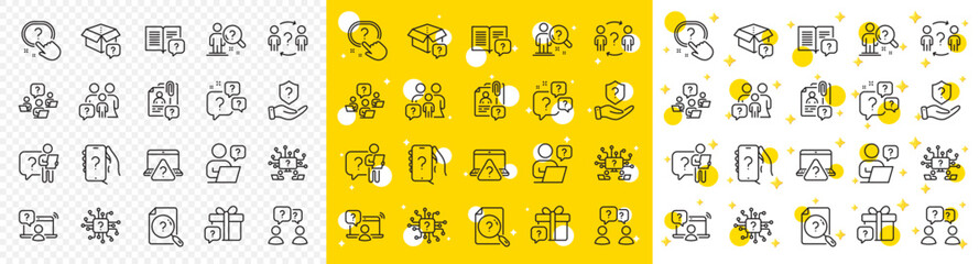Poster - artificial intelligence computer, phone with question mark, problem solve. questions line icons. qui