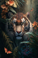 Illustration Of An Oil Painting Portrait Of A Tiger Among Roses And Palm Leaves - Generative AI
