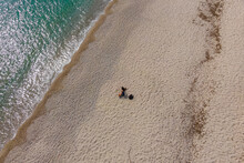 Aerial View Of A Person On The Beach In Fanari Along The Thracian Sea Coastline, East Macedonia And Thrace, Greece.